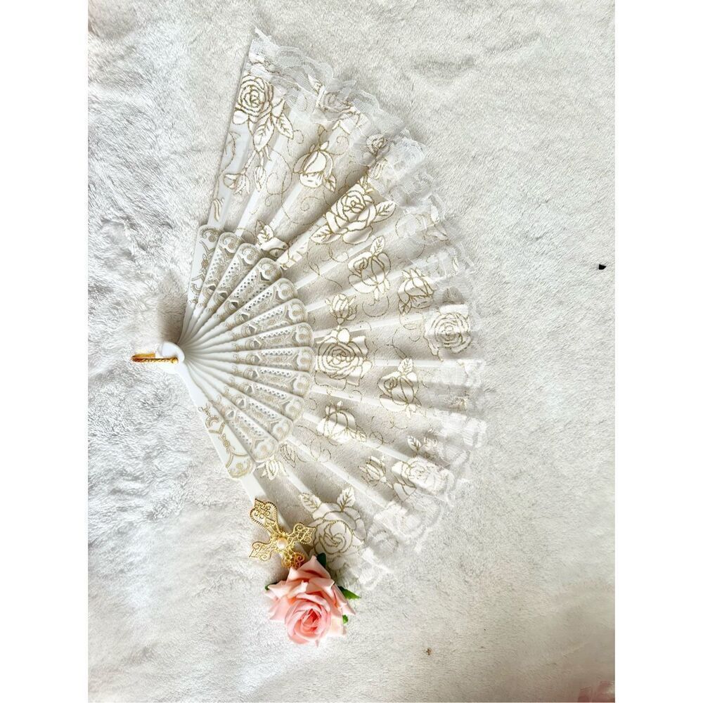 Beautiful white lace with pink rose hand fan ￼